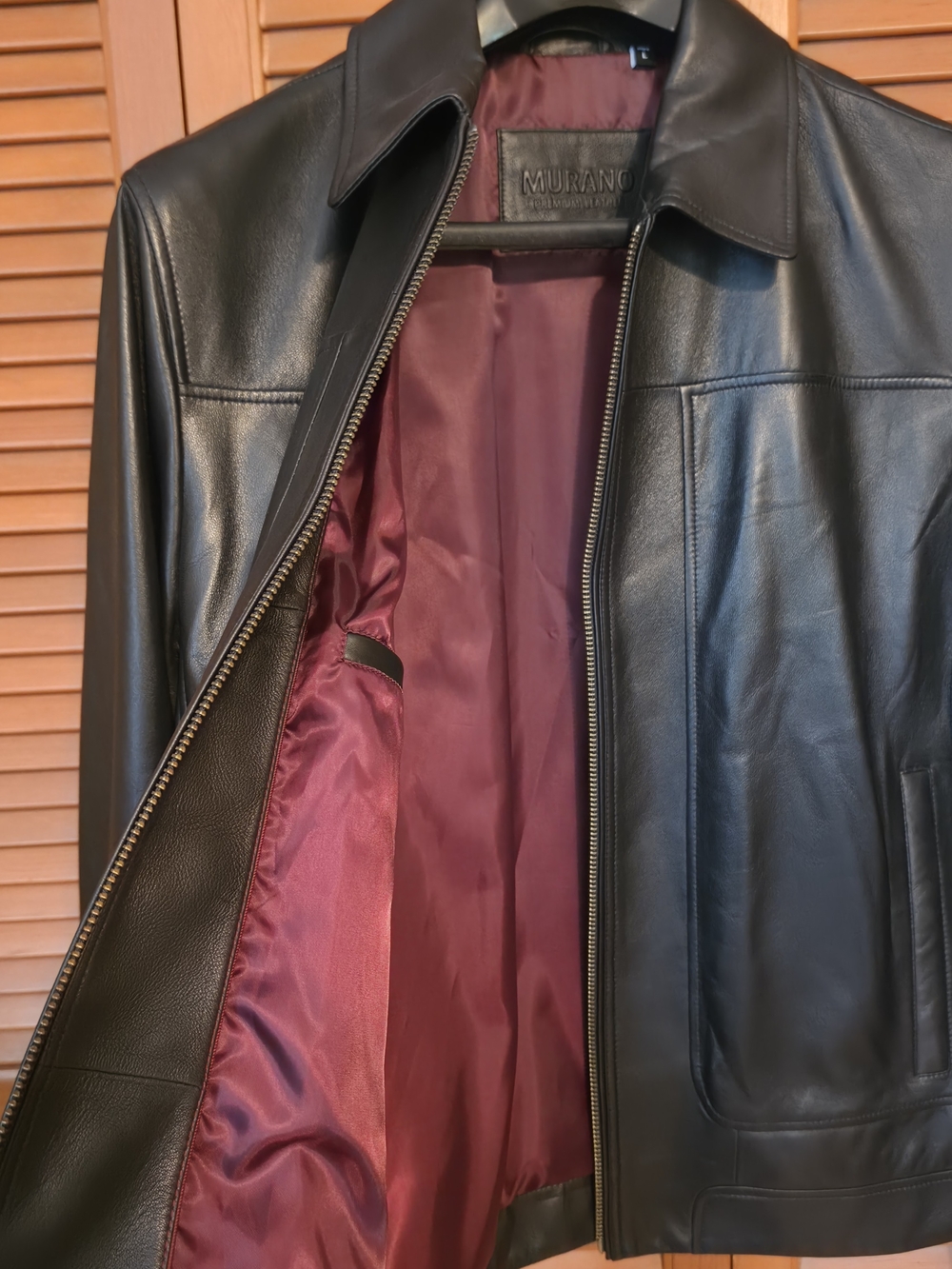 Men's Murano Black Leather Bomber Jacket with Burgundy Lining